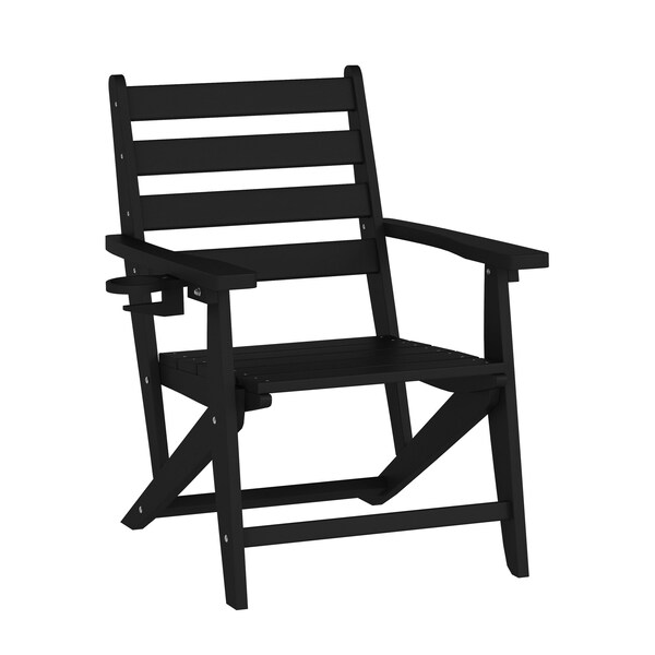 Flash Furniture Tolleson Adirondack Dining Chair w/Fold Out Cup Holder, Weather Resistant Recycled HDPE in Black LE-HMP-2037-10-BLK-GG - main